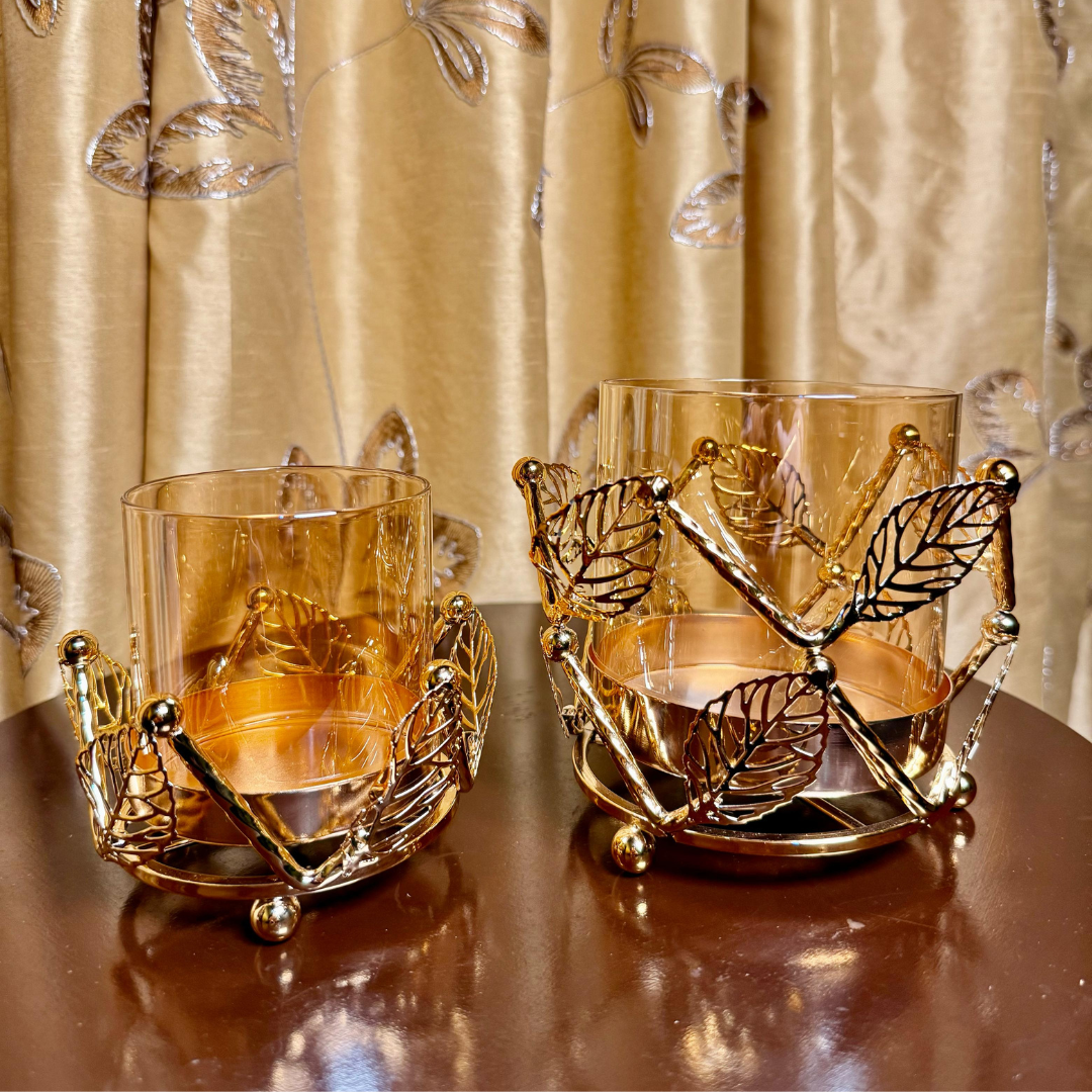 SET OF 2 GOLDEN LEAFLIGHT HOLDERS