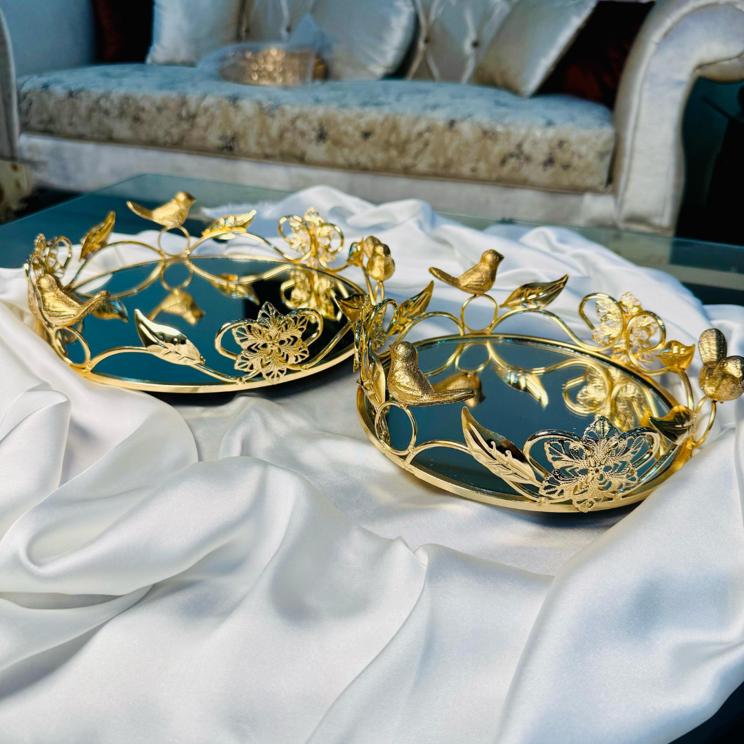 SET OF 2 GOLD FLORAL MIRROR TRAY