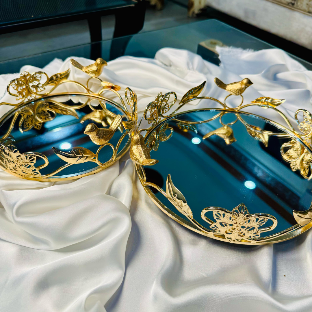 SET OF 2 GOLD FLORAL MIRROR TRAY