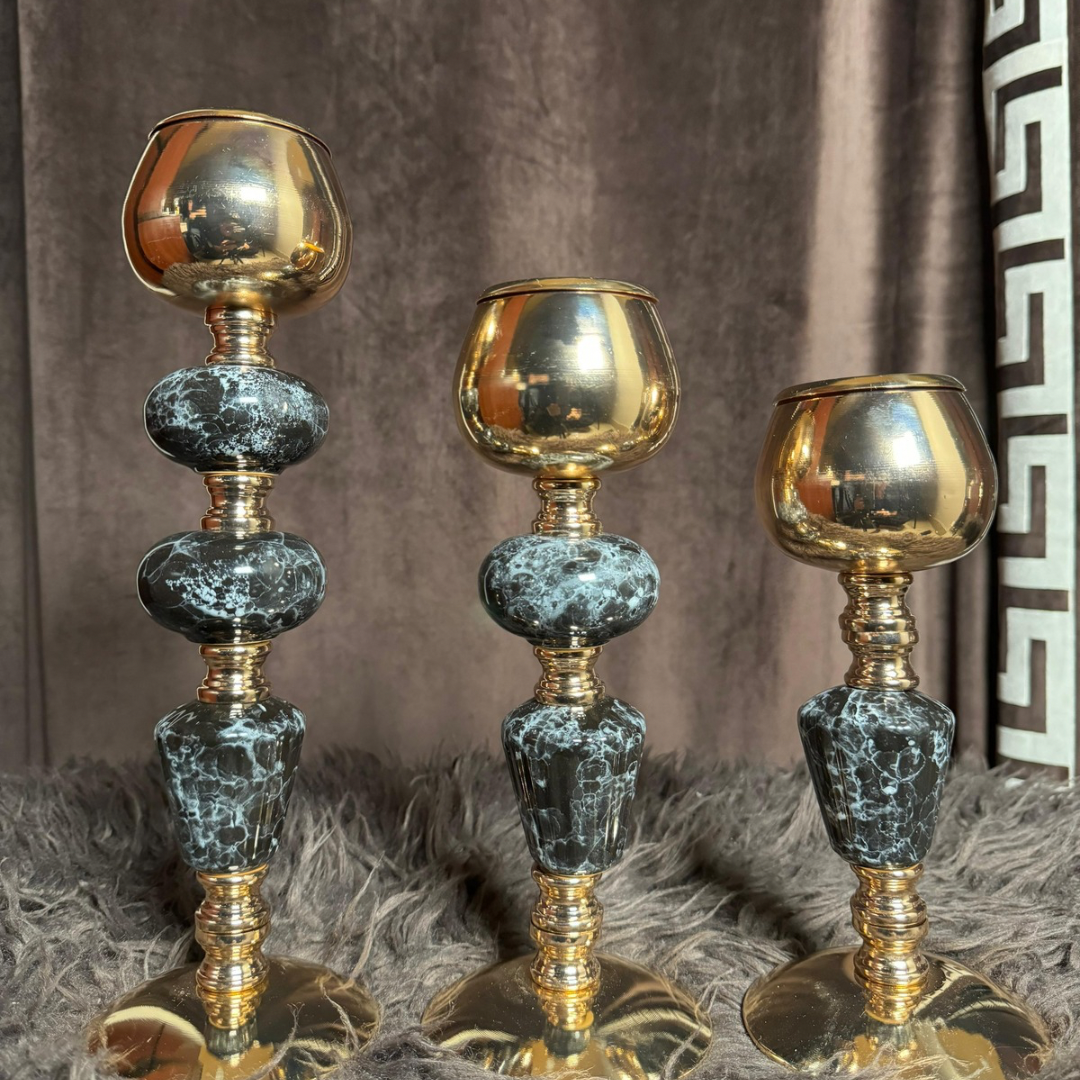 BLACK MARBLE CANDLE HOLDER (SET OF 3 )