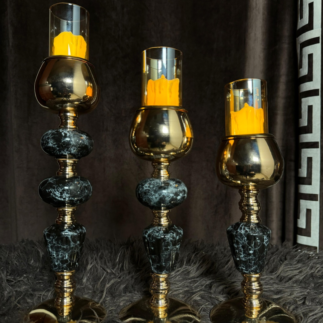 BLACK MARBLE CANDLE HOLDER (SET OF 3 )