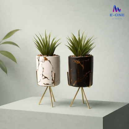 Luxe Marble-Finish Planter & Stand