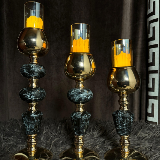 SET OF 3 BLACK MARBLE CANDLE HOLDER