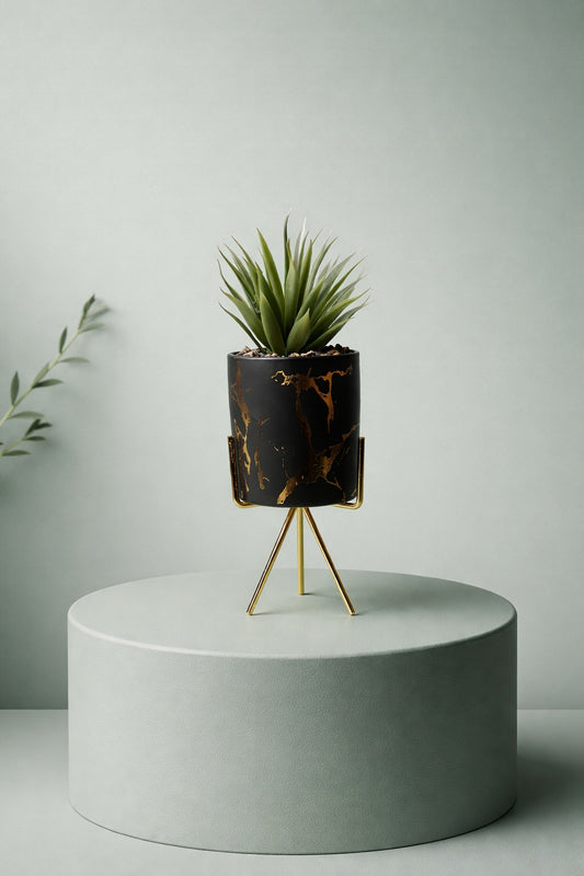 Luxe Marble-Finish Planter & Stand
