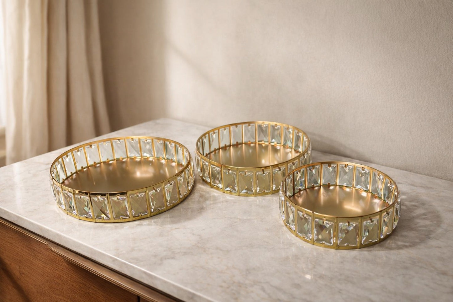 Set of 3 Crystal Gold Decorative Tray